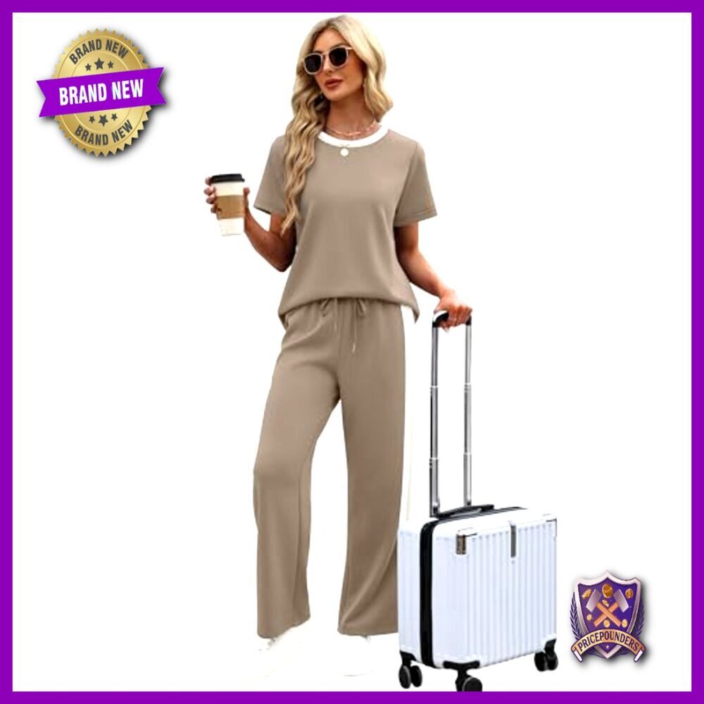 2 Piece Lounge Set Short Sleeve Top Wide Leg Pants with Pockets - Picture 3 of 7